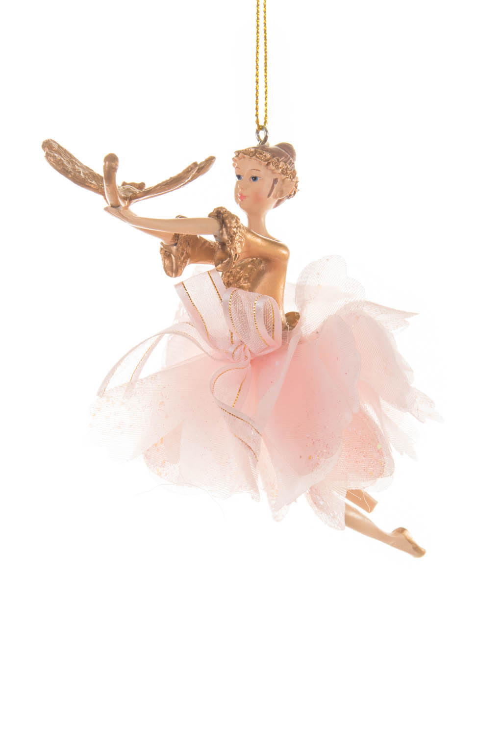 Pink and Gold Whimsical Fairy Ornament holding a Dragon Fly