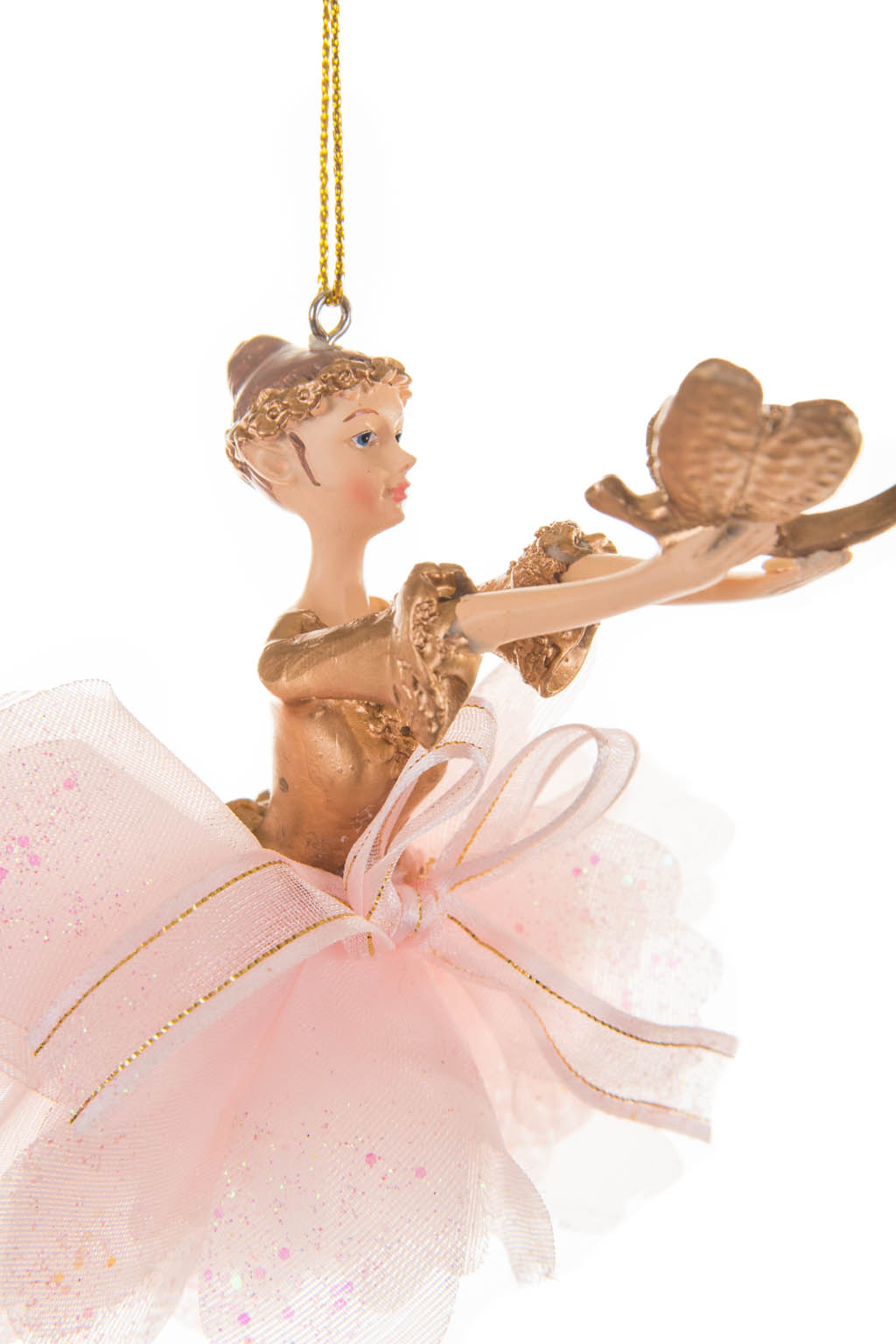 Pink and Gold Whimsical Fairy Ornament holding a Dragon Fly - Image 3