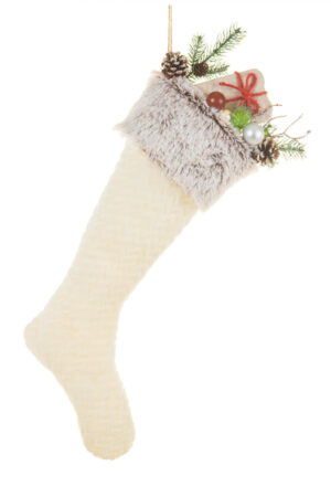 Elegant Hanging White and Grey Fabric Stuffed Stocking with Present Sprays