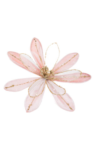 Crystaline Pink Fabric Poinsettia Tree Pick with Gold Glitter