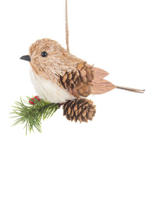 Cheery Wispy Hanging Tan Straw Pinecone Bird Ornament Sitting on Spray