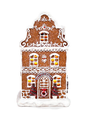 Festive Sitting Brown and White Gingerbread Home with Sequins and Snow