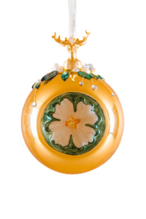 Extravagant Hanging Gold Metallic Ball Ornament with Carved-in White Lilac
