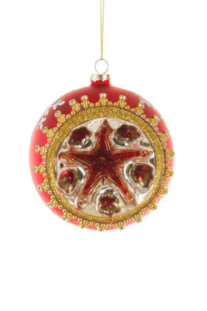 Hanging Red Bejeweled Ball Ornament with Star Carvings