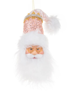 Jolly Hangable White and Baby Pink Santa Claus Face with a Sequined and Rhinestoned Hat