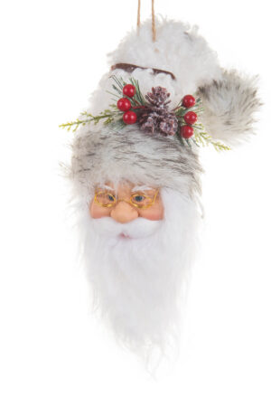 Jolly Hangable White Santa Claus Face Wearing Gold Glasses and a Wrapped Hat
