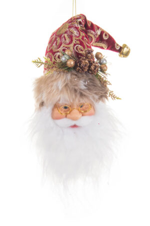 Jolly Hangable White and Red Santa Claus Face Wearing Gold Glasses and Festive Hat