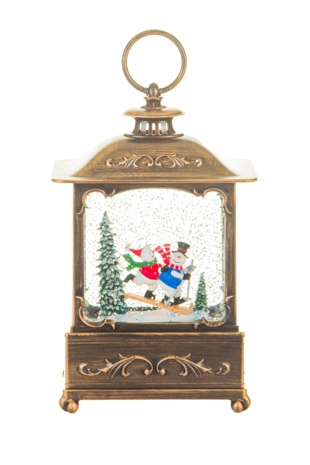 Musical Bronze Skiers Lantern Warm White LED Snow Globe with Swirling Glitter