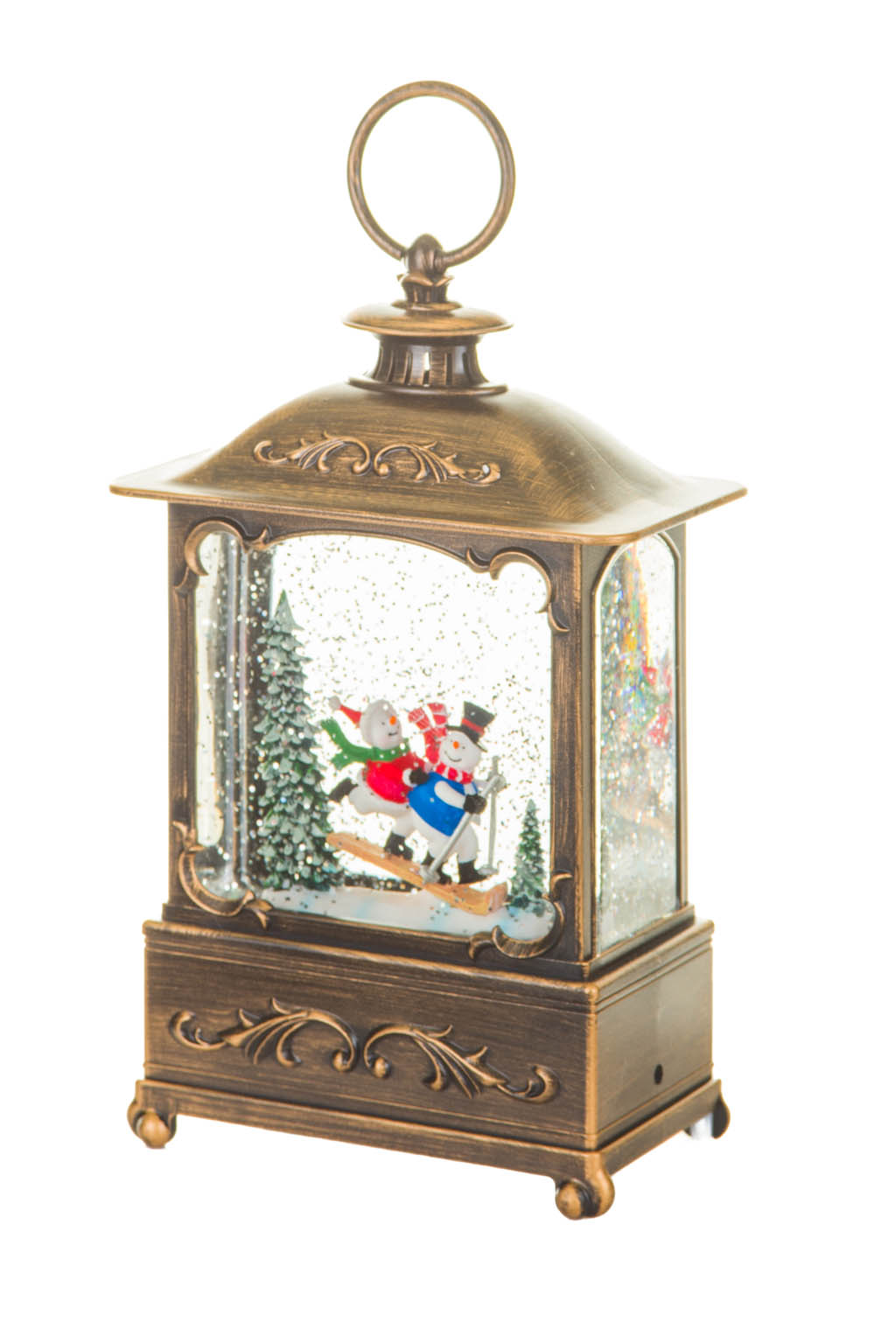 Musical Bronze Skiers Lantern Warm White LED Snow Globe with Swirling Glitter - Image 2