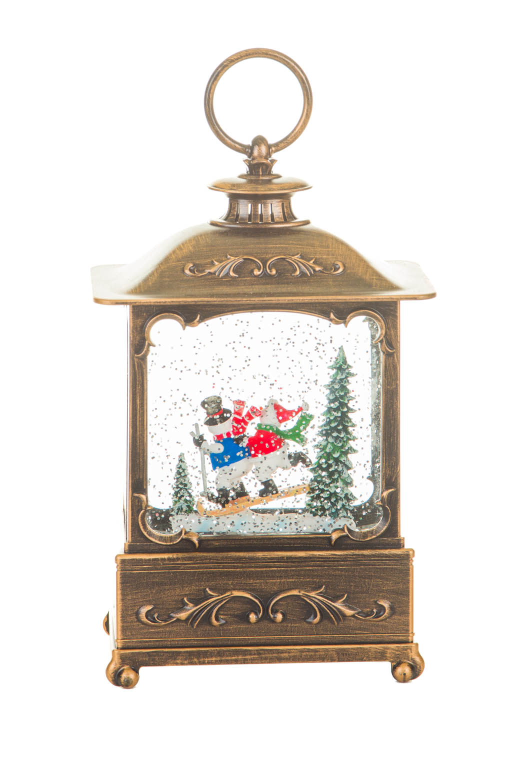 Musical Bronze Skiers Lantern Warm White LED Snow Globe with Swirling Glitter - Image 3