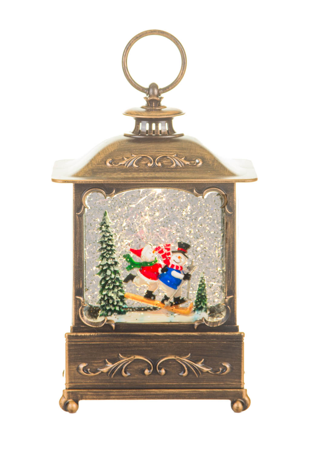 Musical Bronze Skiers Lantern Warm White LED Snow Globe with Swirling Glitter - Image 5