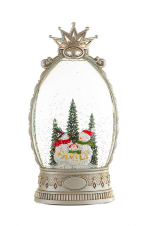 Silver Snowman Family Warm White LED Snow Globe with Swirling Glitter and Music