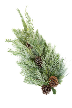 Glittery Hangable Green Flocked Tear Drop Swag with Glittery Pinecones