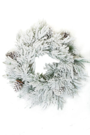 Hangable Green Flocked Flocked Wreath with Frosted Pinecones