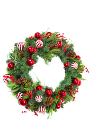 Festive Hanging Green and Red Wreath with Berries and Ornaments