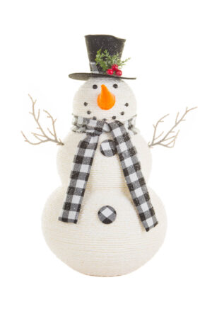 White and Black Smiling Snowman Wearing a Checkered Scarf
