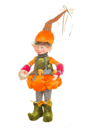 Smiling Animated Orange and Green Boy Elf Wearing a Pumpkin Hat
