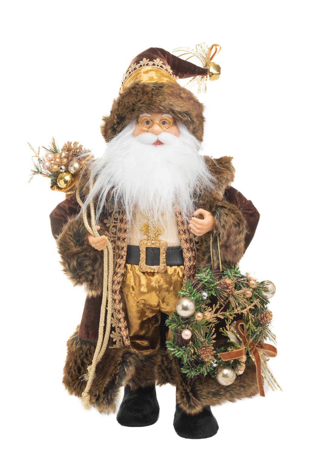 Brown and Gold Russian Santa holding Gift Bag