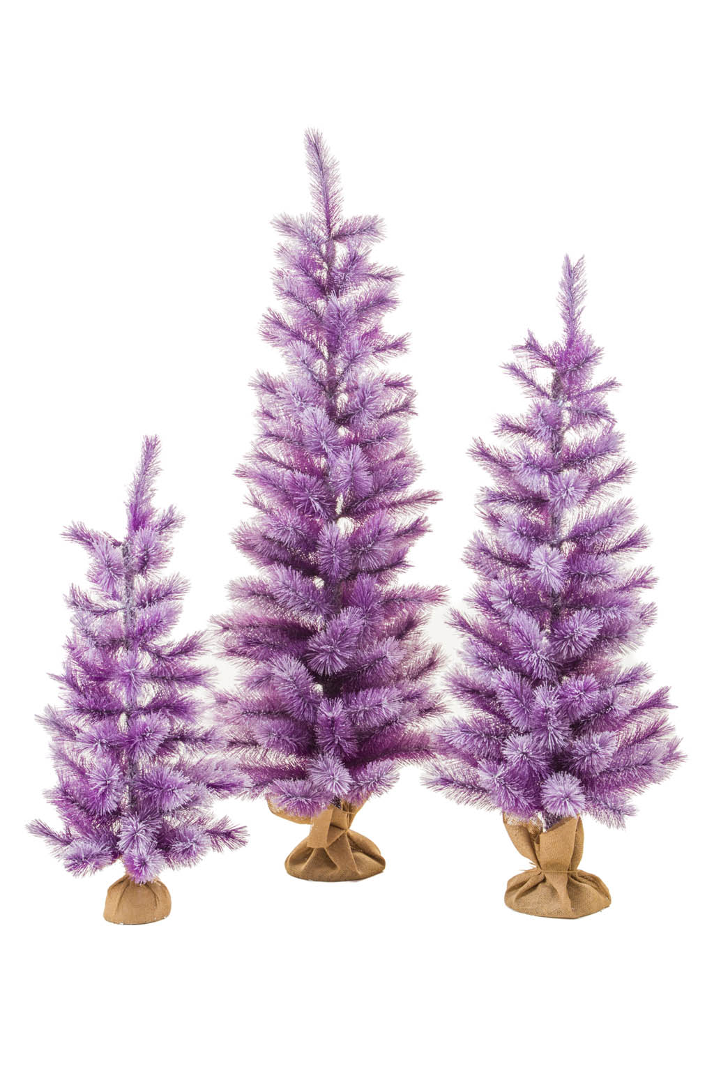 Purple Frosty Christmas Trees with Burlap Wrapped Base , Set Of 3