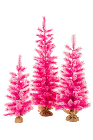 Pink Flocked Frosted Christmas Trees with Burlap Wrapped Base ,  Set Of 3