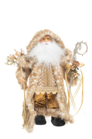 Beige and Gold Nordic Santa holding a Scepter and Gift Bag