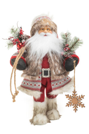 Gray and Red Nordic Santa holding Gift Sack and a Snowflake Ornament