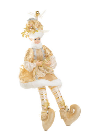 Sitting Gold and White Elizabethan Elf with Spray on Beanie