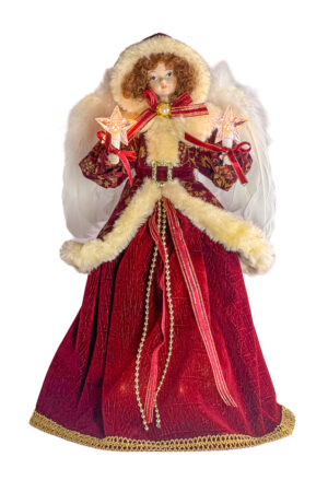 Burgandy/Ivory Fabric Victorian 10-Light Angel Tree topper with White Fluffy Feathers