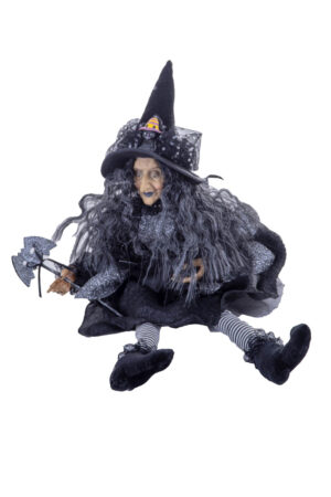 Sitting Black Adorable Witch with Striped Dangling Legs and a Bat-Shaped Scepter