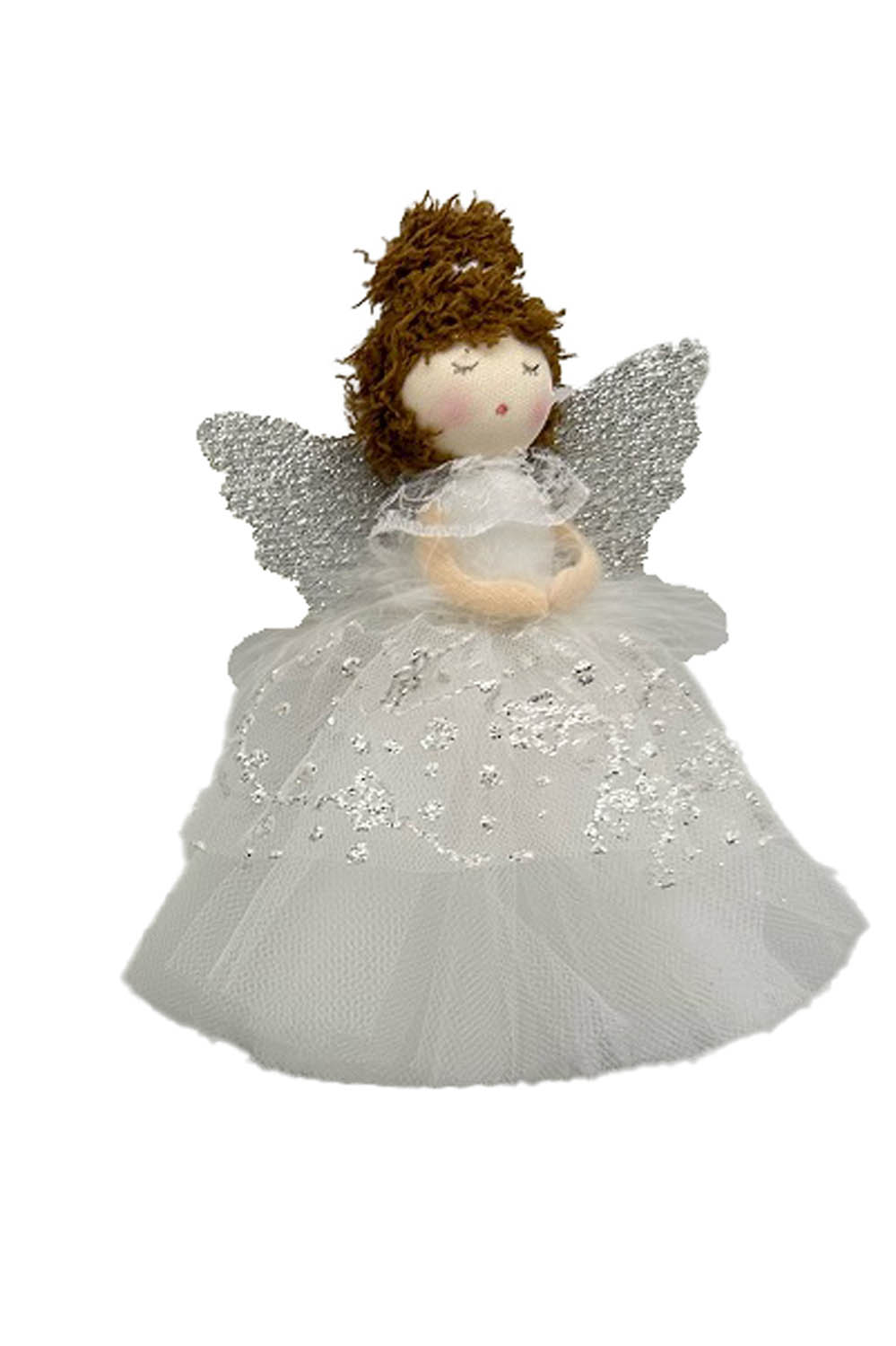 Hanging White and Silver Caroling Angel Ornament with Glittering Wings