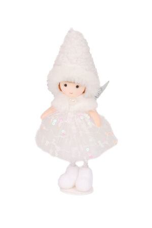 White Sequin Cozy Angel Ornament in Tulle Petticoat and Thick Winter Cap