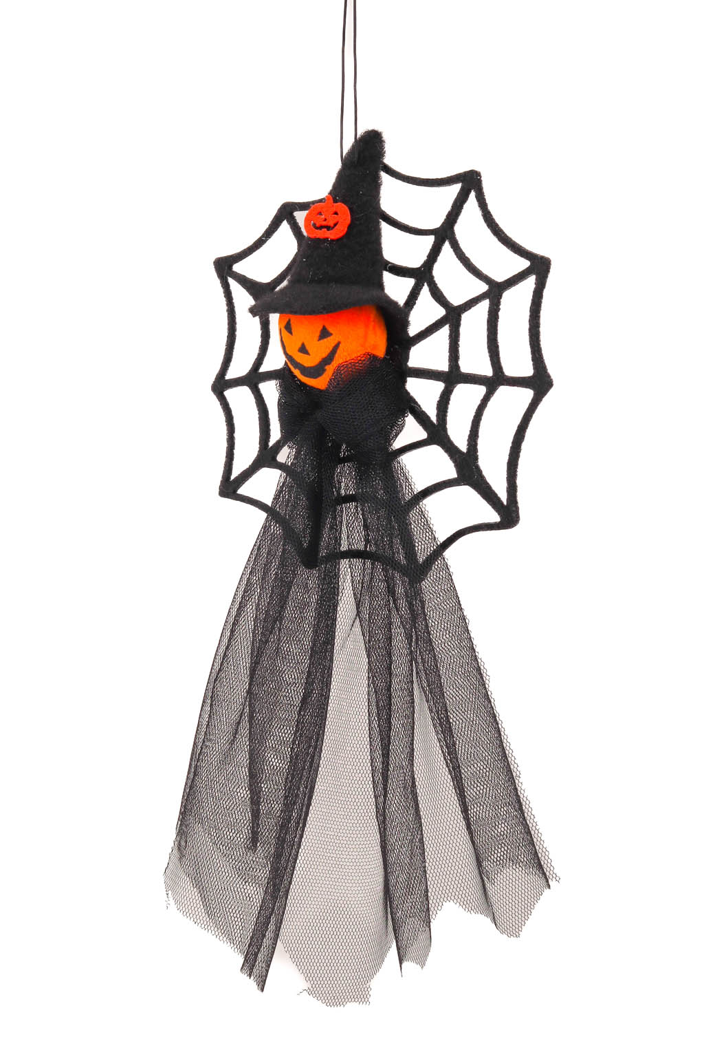 Hanging Black and Orange Spiderweb Pumpkin on a Spiderweb Ornament with a Black Sheer Scarf