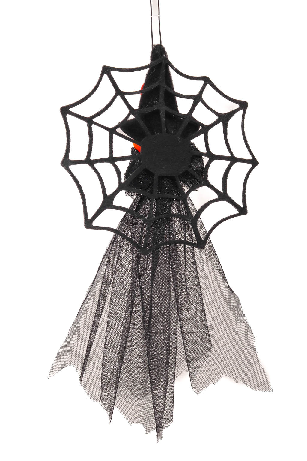 Hanging Black and Orange Spiderweb Pumpkin on a Spiderweb Ornament with a Black Sheer Scarf - Image 2