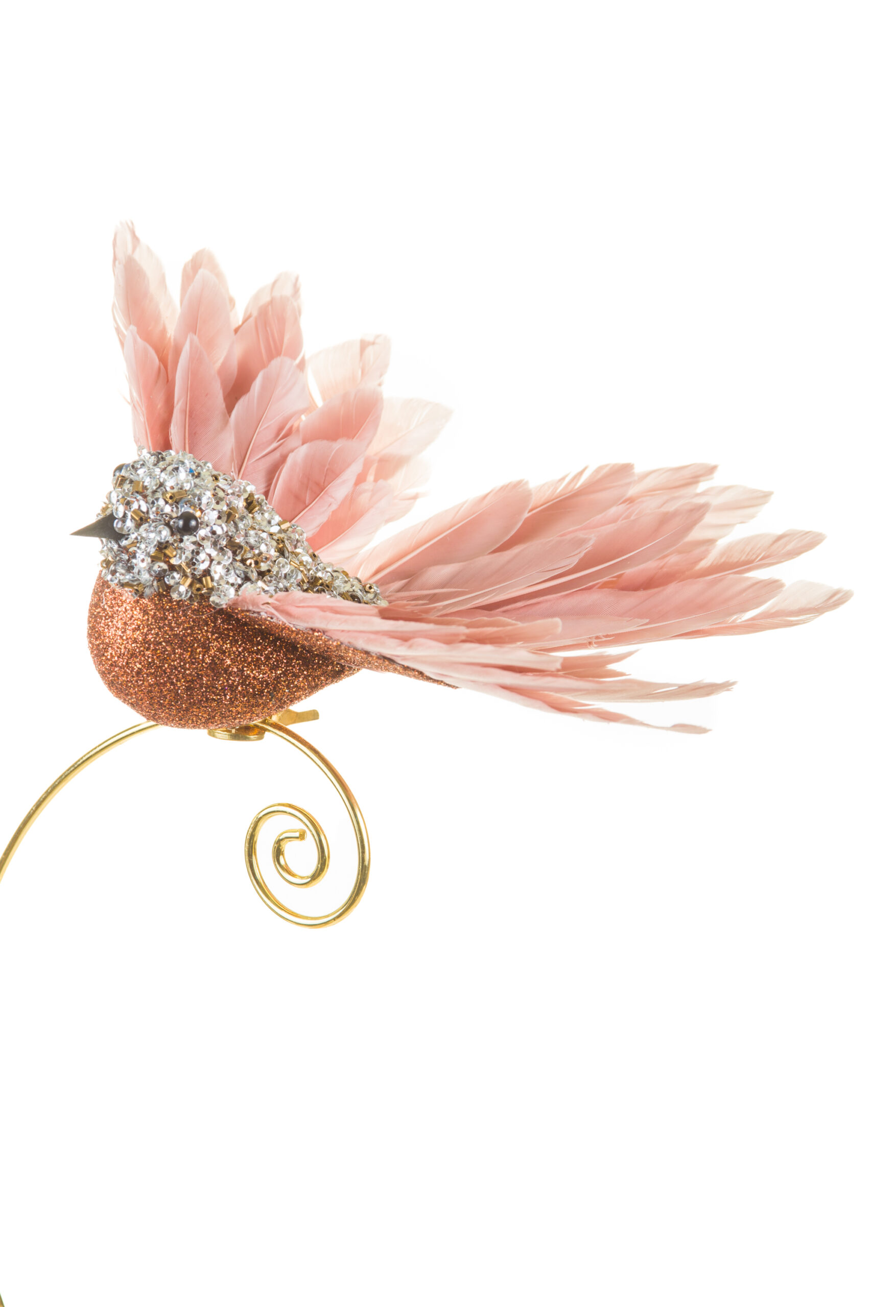 Soft Puce and Copper Beaded Feather Clip-on Bird Ornament with Flaring Wings