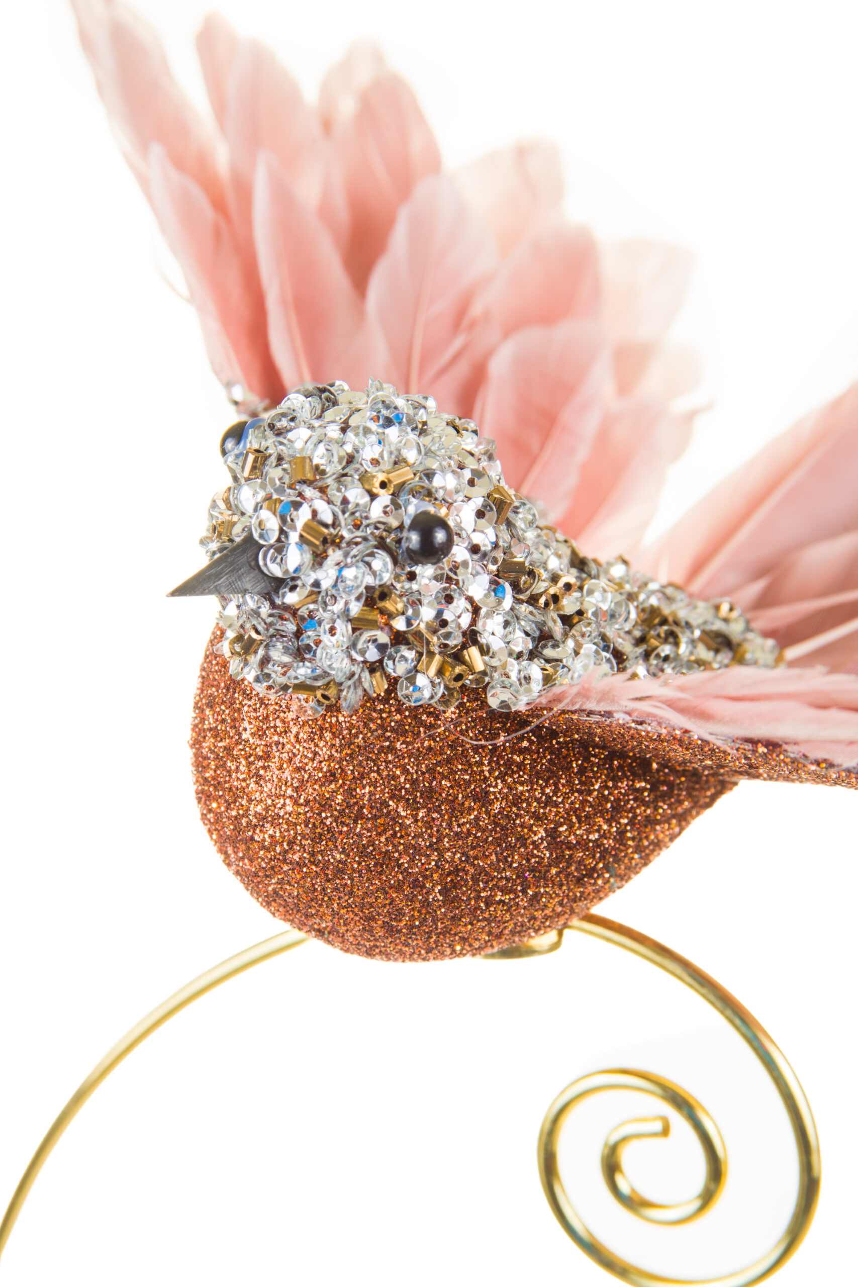 Soft Puce and Copper Beaded Feather Clip-on Bird Ornament with Flaring Wings - Image 3