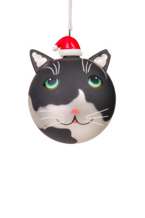Cute Hanging Black and Silver Metallic Cat Ornament with Glimmering Eyes