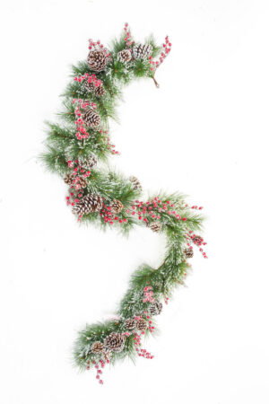 Hangable Green and White Flocked Garland with Frosted Pinecones and Berries