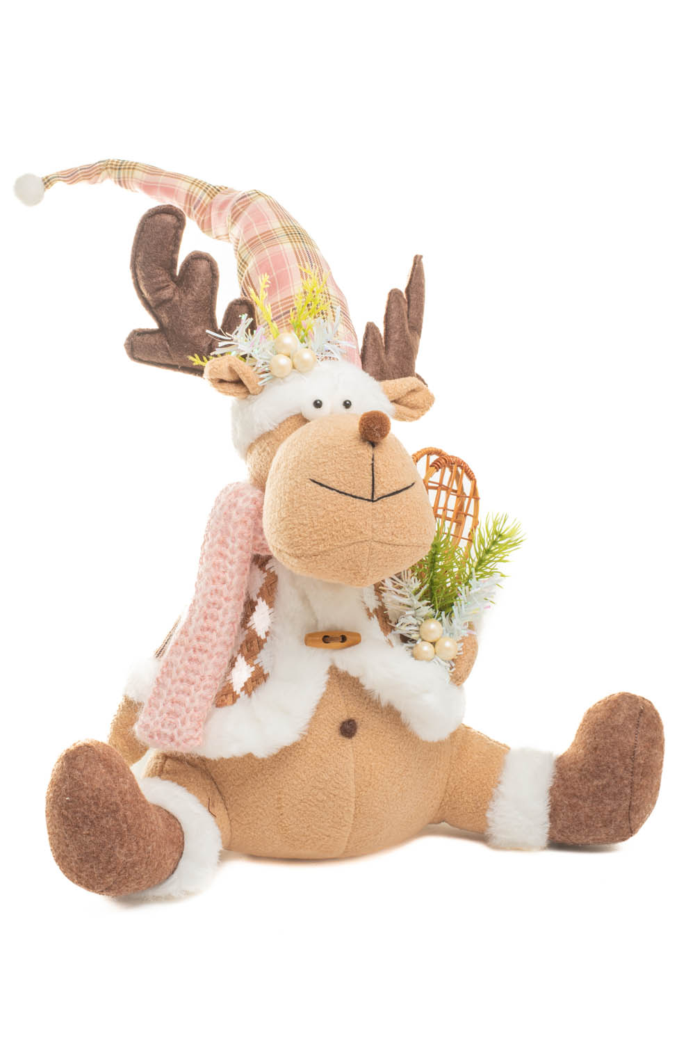 Sitting Brown and Pink Checkered Cozy Christmas Moose in Knitted Sweater