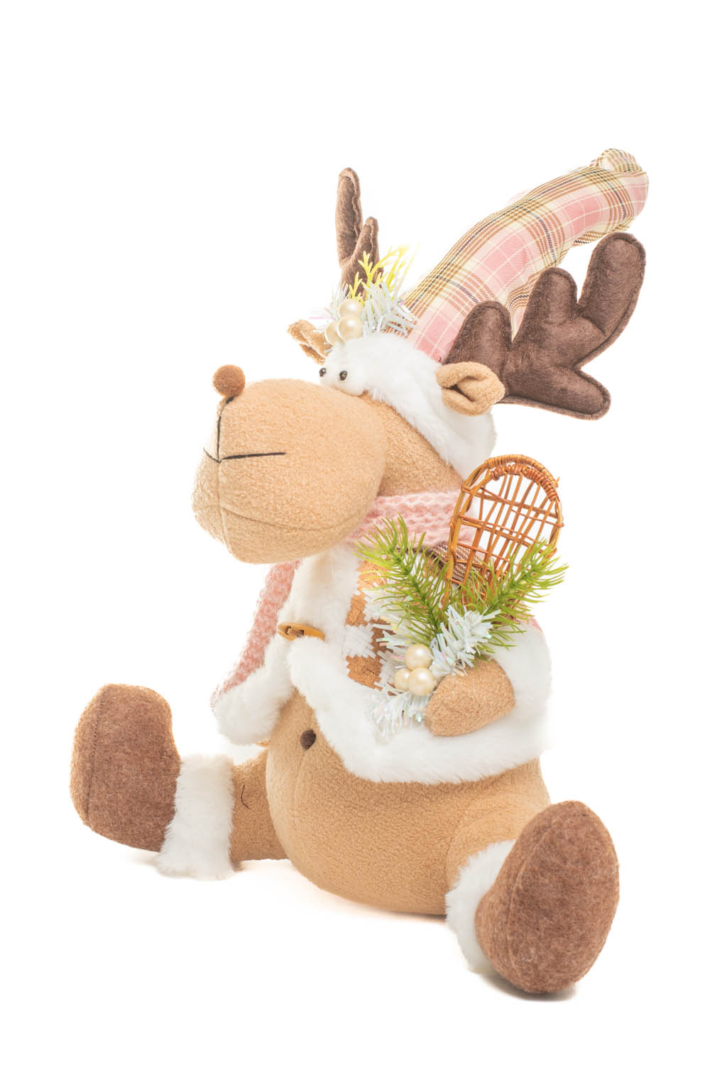 Sitting Brown and Pink Checkered Cozy Christmas Moose in Knitted Sweater - Image 2