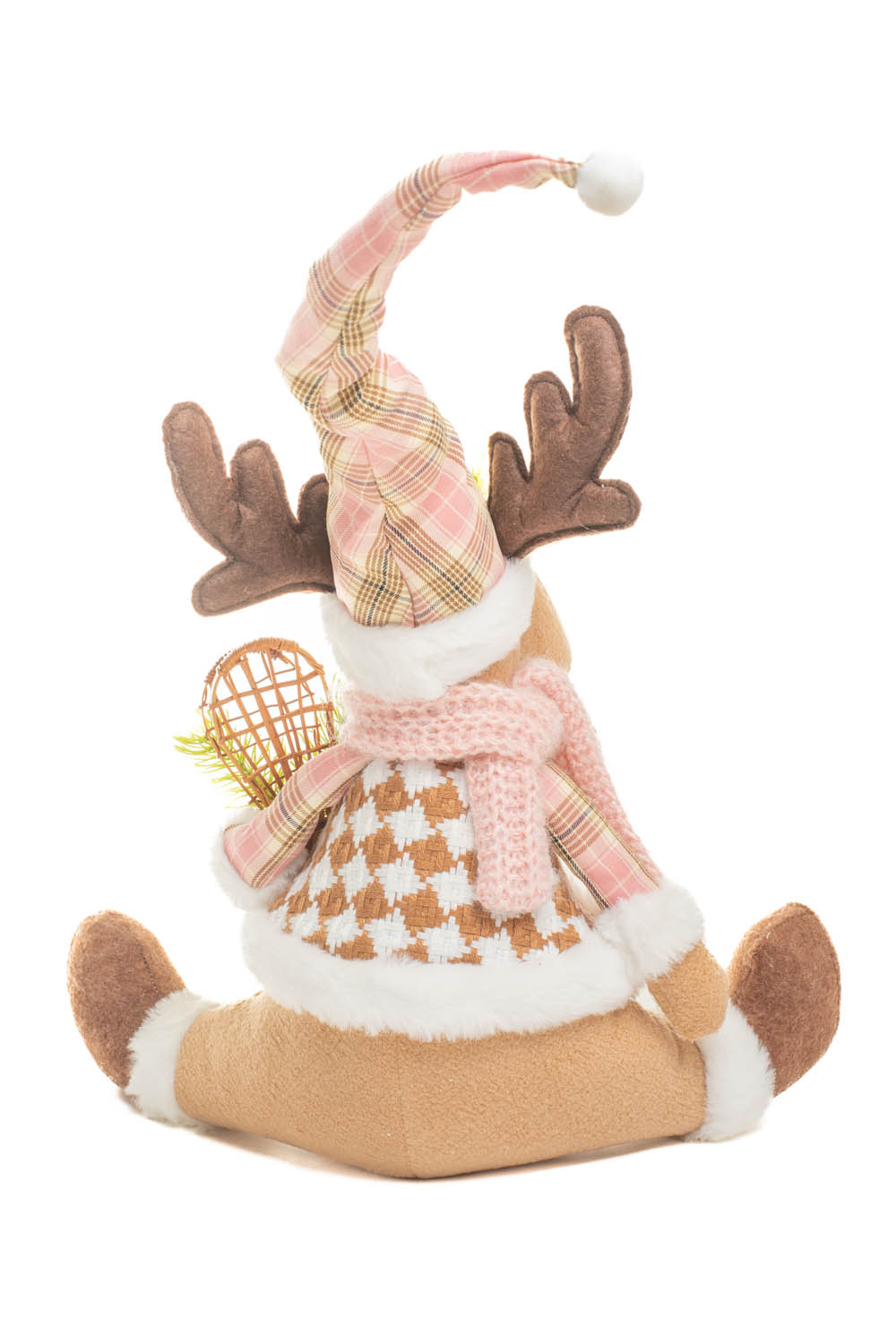 Sitting Brown and Pink Checkered Cozy Christmas Moose in Knitted Sweater - Image 3
