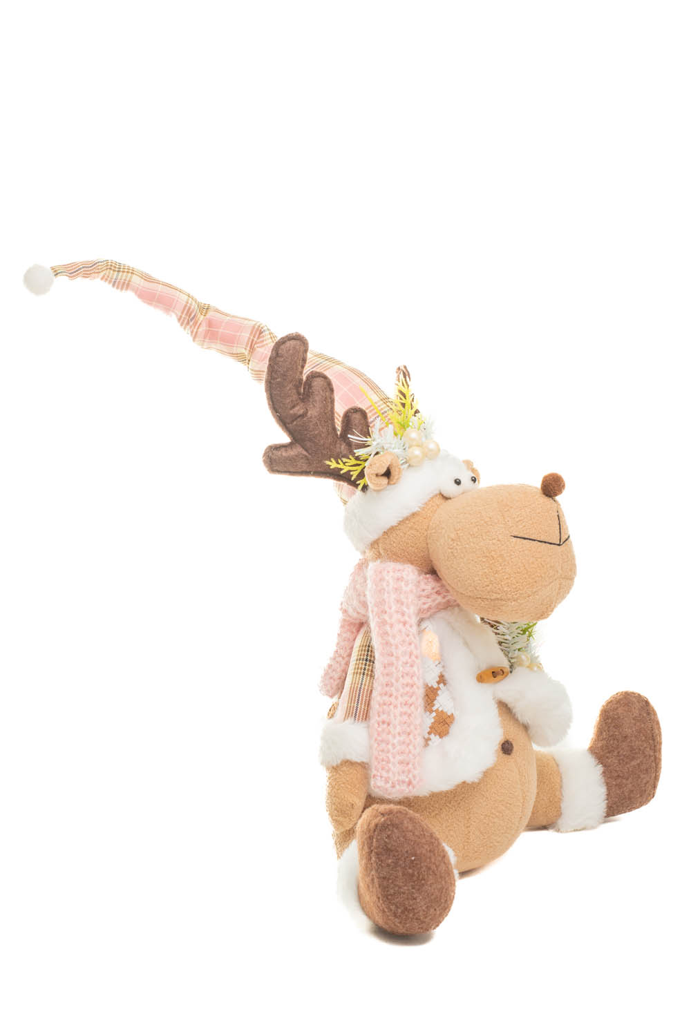 Sitting Brown and Pink Checkered Cozy Christmas Moose in Knitted Sweater - Image 4