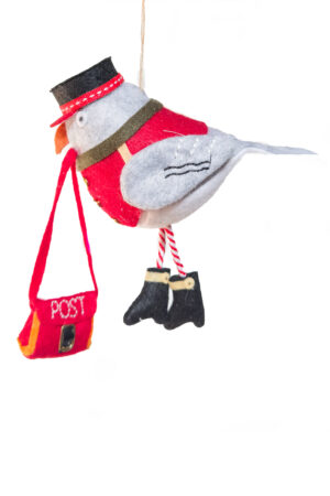 6? Hanging Gray And Red Postman Pigeon Ornament With Mailbag
