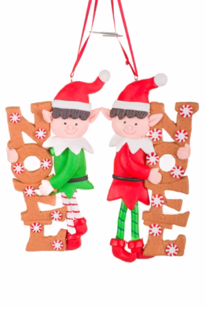 Red Noel Hugging Elves Ornament