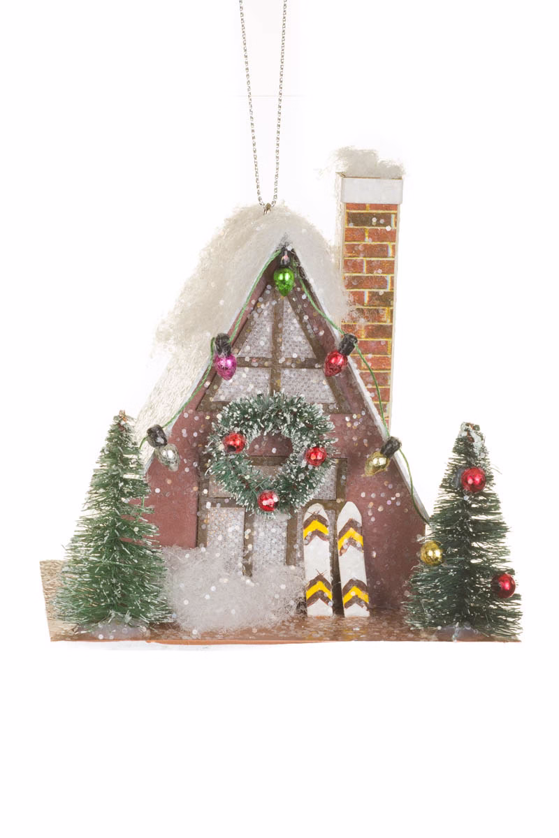 White Ski Lodge LED Ornament